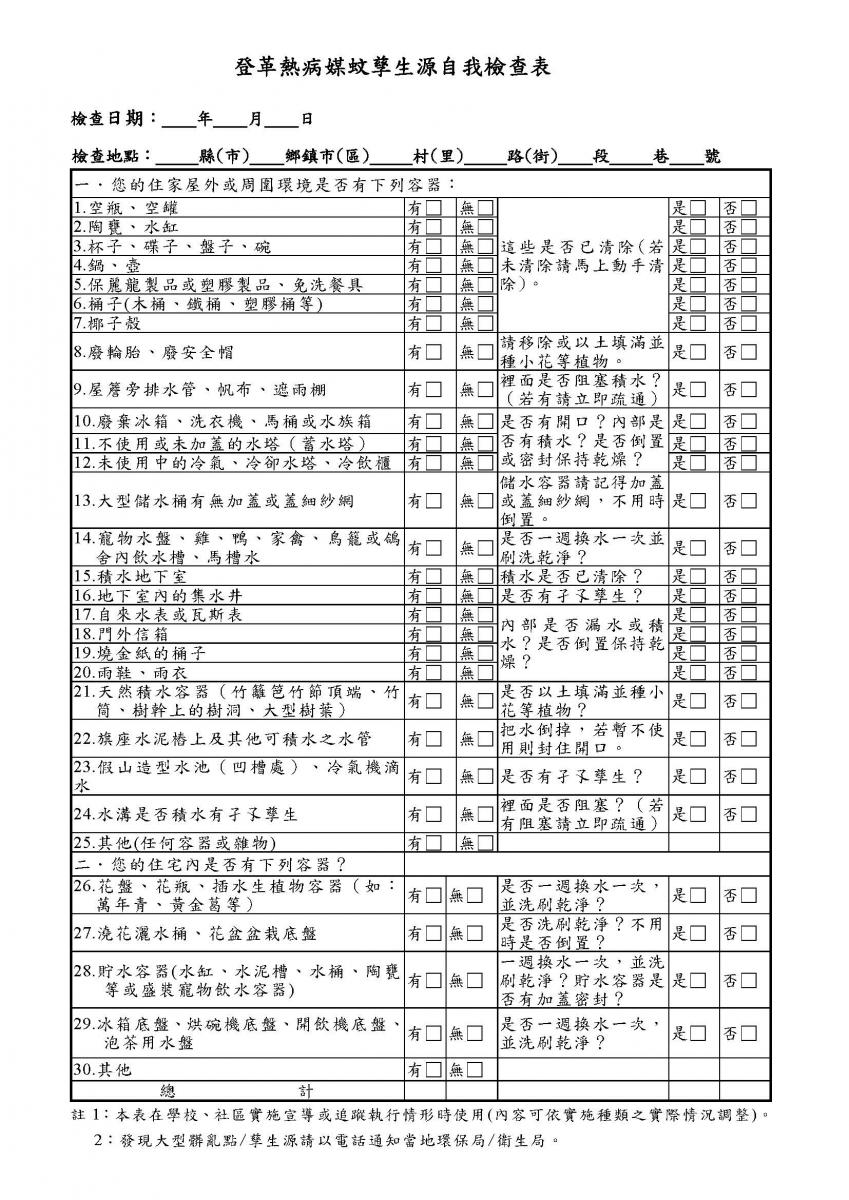 登革熱病媒蚊孳生源自我檢查表